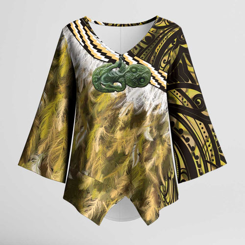 Yellow Traditional Cloak Aotearoa Kimono Sleeve Blouse Maori Paua Shell Korowai Pattern - Aussie Hoodie