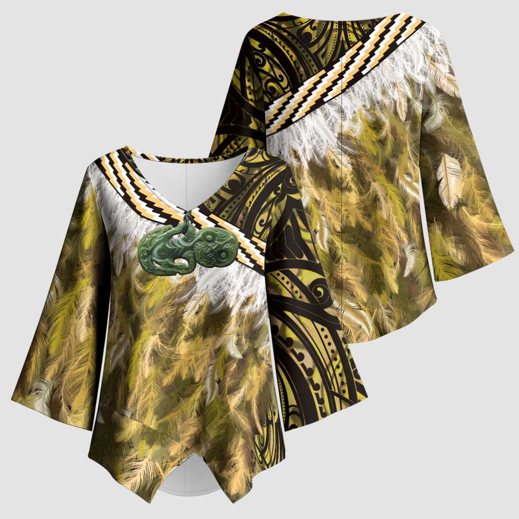 Yellow Traditional Cloak Aotearoa Kimono Sleeve Blouse Maori Paua Shell Korowai Pattern - Aussie Hoodie