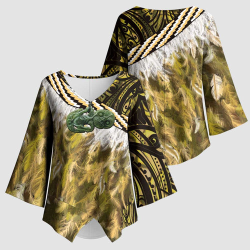 Yellow Traditional Cloak Aotearoa Kimono Sleeve Blouse Maori Paua Shell Korowai Pattern - Aussie Hoodie