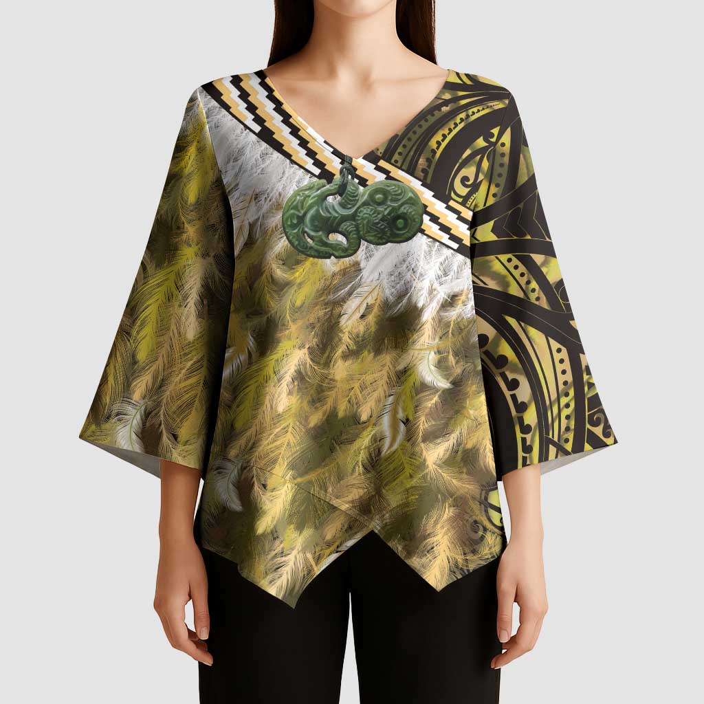 Yellow Traditional Cloak Aotearoa Kimono Sleeve Blouse Maori Paua Shell Korowai Pattern - Aussie Hoodie