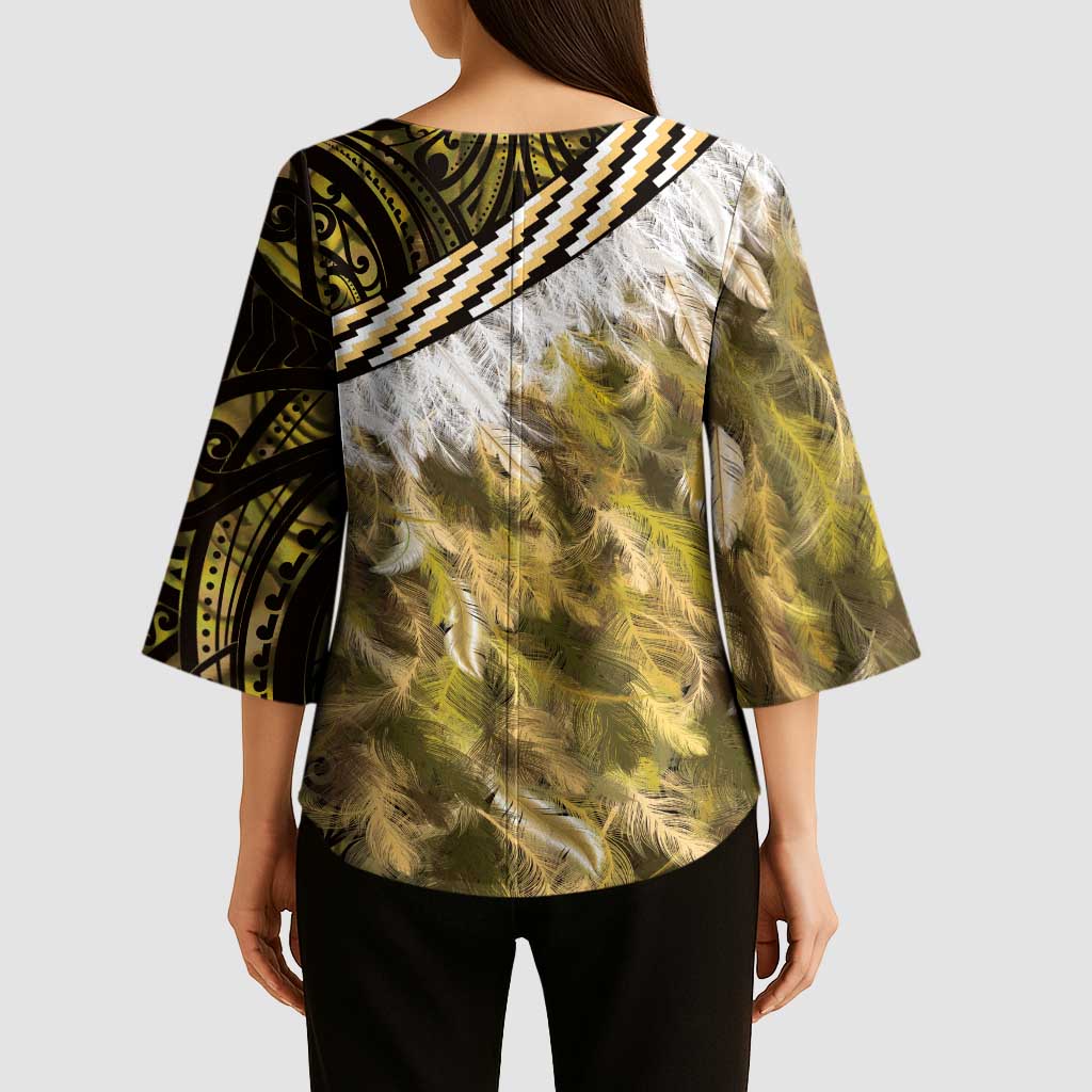 Yellow Traditional Cloak Aotearoa Kimono Sleeve Blouse Maori Paua Shell Korowai Pattern - Aussie Hoodie