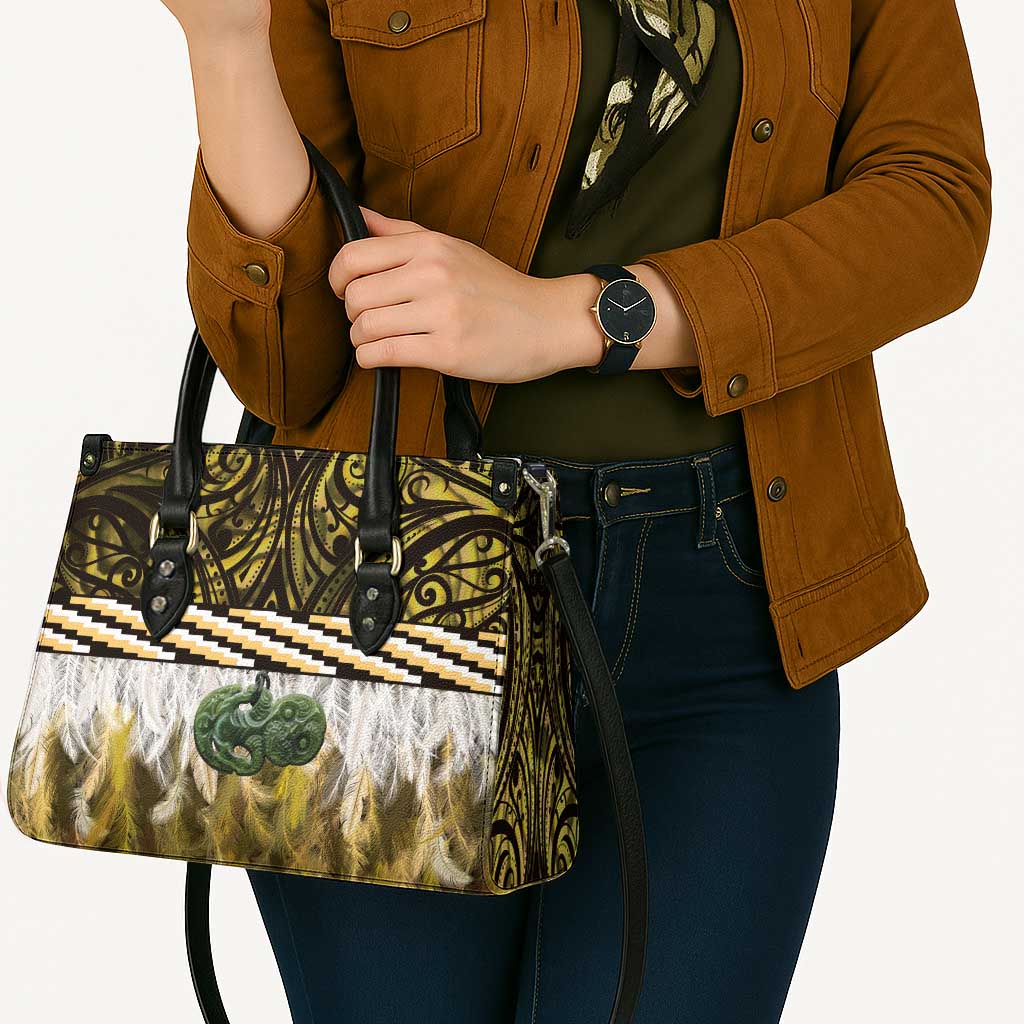 Yellow Traditional Cloak Aotearoa Leather Bag Maori Paua Shell Korowai Pattern - Aussie Hoodie