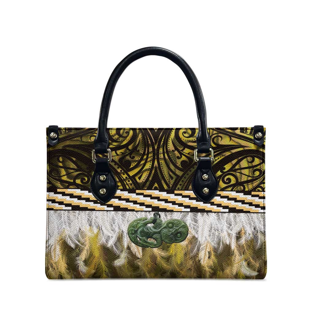 Yellow Traditional Cloak Aotearoa Leather Bag Maori Paua Shell Korowai Pattern - Aussie Hoodie