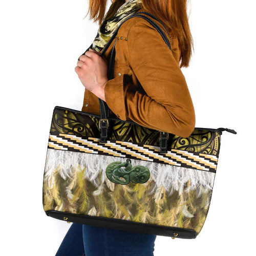 Yellow Traditional Cloak Aotearoa Leather Tote Bag Maori Paua Shell Korowai Pattern