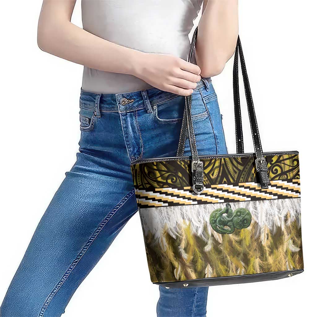Yellow Traditional Cloak Aotearoa Leather Tote Bag Maori Paua Shell Korowai Pattern
