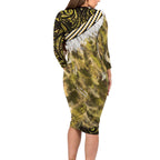 Yellow Traditional Cloak Aotearoa Long Sleeve Bodycon Dress Maori Paua Shell Korowai Pattern