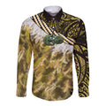 Yellow Traditional Cloak Aotearoa Long Sleeve Button Shirt Maori Paua Shell Korowai Pattern