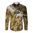 Yellow Traditional Cloak Aotearoa Long Sleeve Button Shirt Maori Paua Shell Korowai Pattern