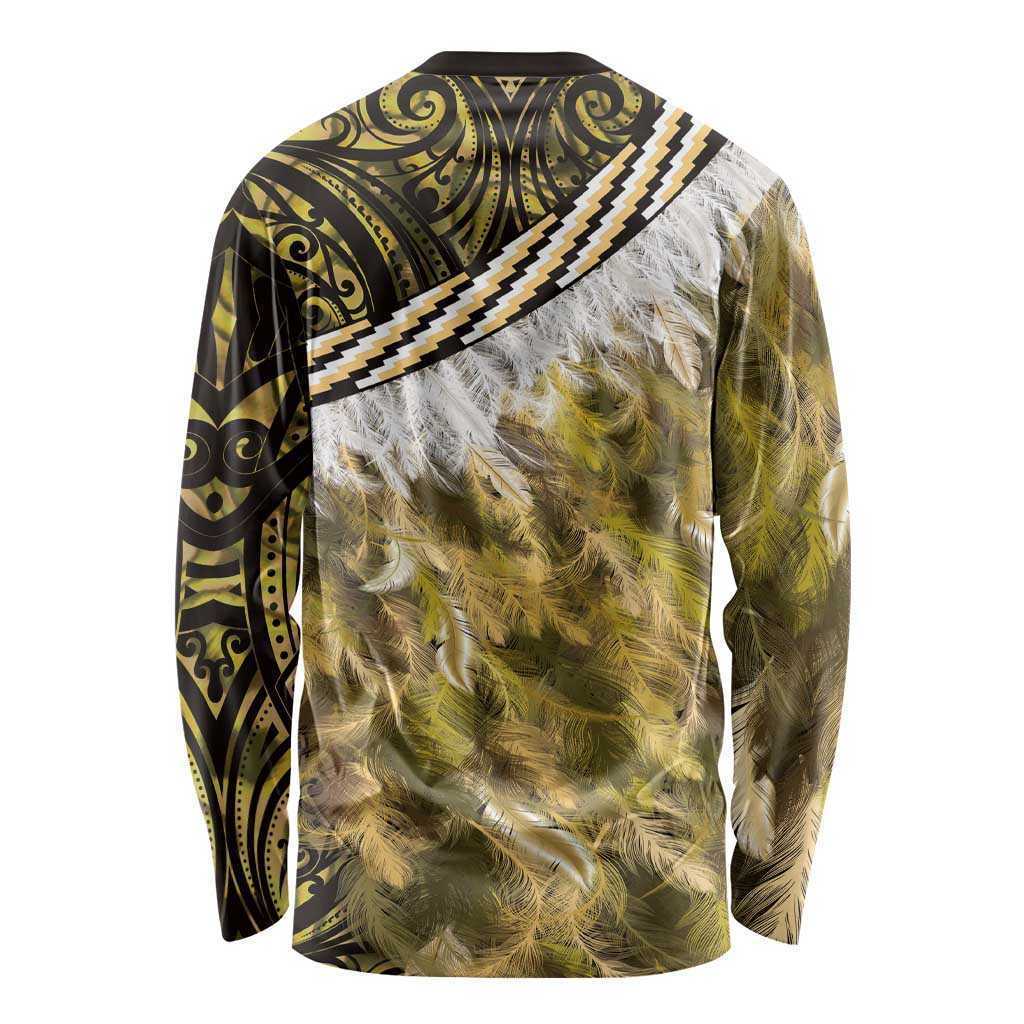 Yellow Traditional Cloak Aotearoa Long Sleeve Shirt Maori Paua Shell Korowai Pattern