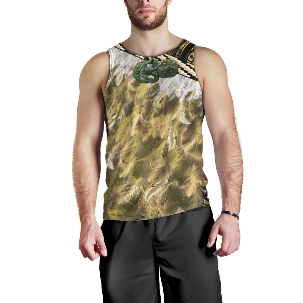 Yellow Traditional Cloak Aotearoa Men Tank Top Maori Paua Shell Korowai Pattern