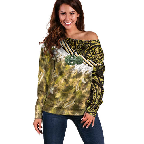 Yellow Traditional Cloak Aotearoa Off Shoulder Sweater Maori Paua Shell Korowai Pattern