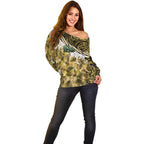 Yellow Traditional Cloak Aotearoa Off Shoulder Sweater Maori Paua Shell Korowai Pattern