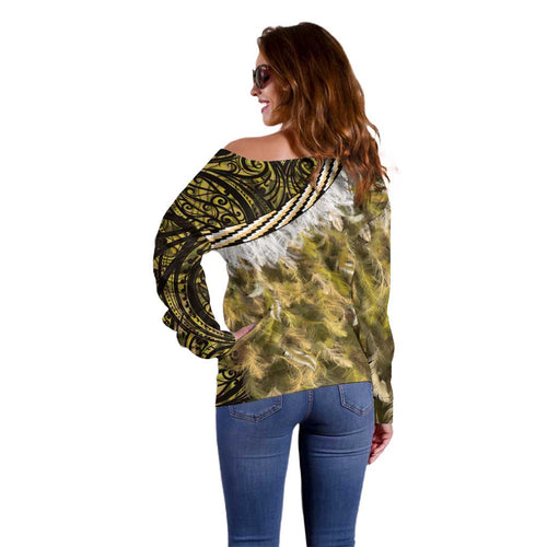 Yellow Traditional Cloak Aotearoa Off Shoulder Sweater Maori Paua Shell Korowai Pattern