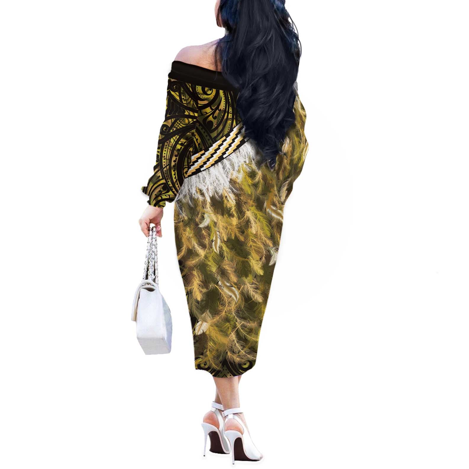 Yellow Traditional Cloak Aotearoa Off The Shoulder Long Sleeve Dress Maori Paua Shell Korowai Pattern