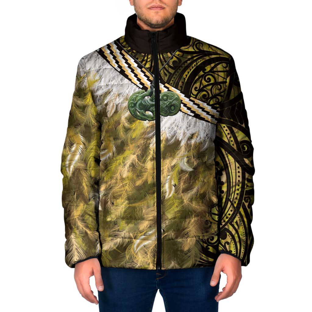 Yellow Traditional Cloak Aotearoa Padded Jacket Maori Paua Shell Korowai Pattern - Aussie Hoodie