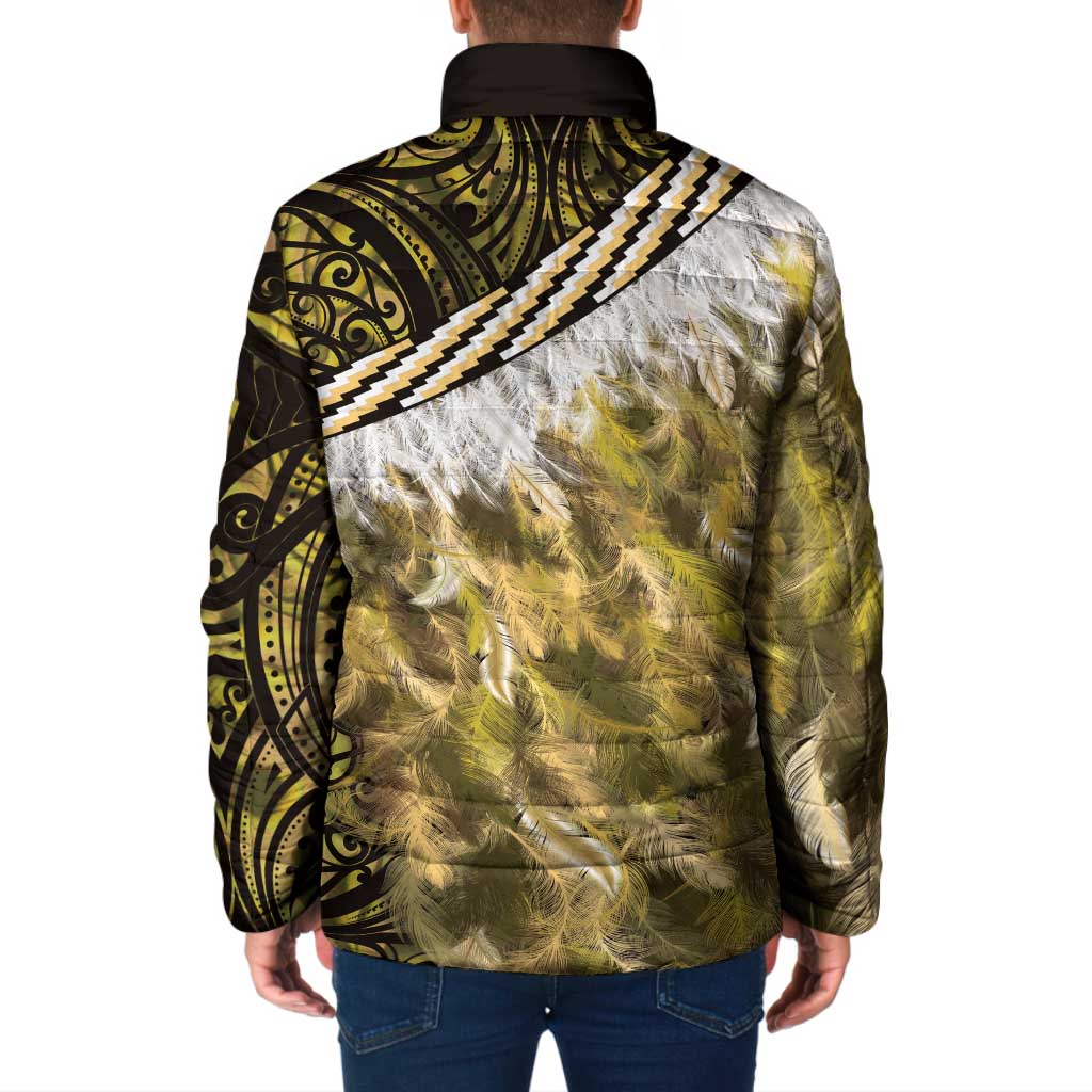 Yellow Traditional Cloak Aotearoa Padded Jacket Maori Paua Shell Korowai Pattern - Aussie Hoodie