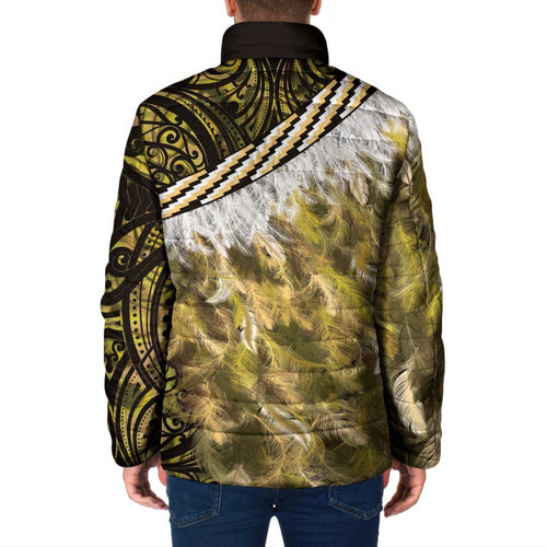 Yellow Traditional Cloak Aotearoa Padded Jacket Maori Paua Shell Korowai Pattern - Aussie Hoodie