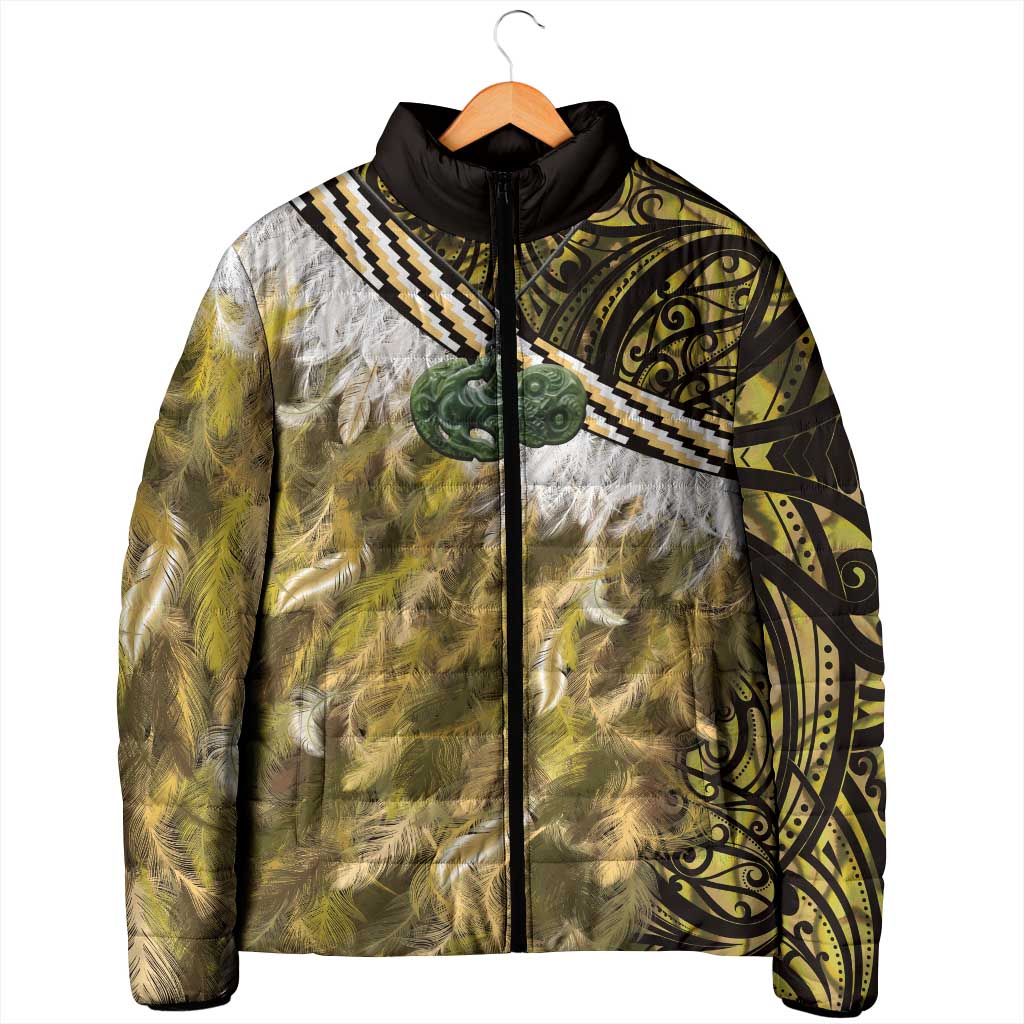 Yellow Traditional Cloak Aotearoa Padded Jacket Maori Paua Shell Korowai Pattern - Aussie Hoodie
