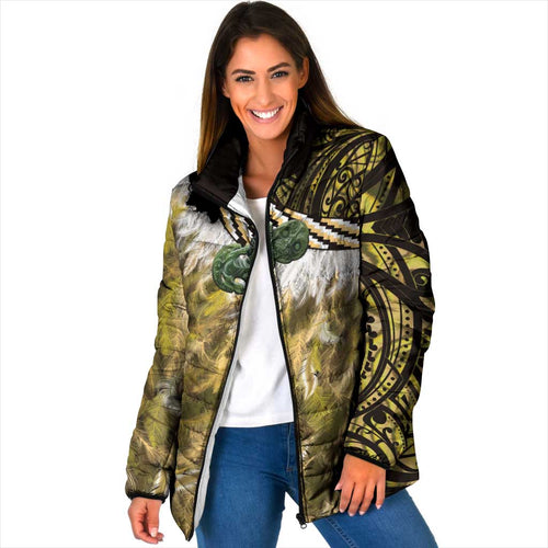 Yellow Traditional Cloak Aotearoa Padded Jacket Maori Paua Shell Korowai Pattern - Aussie Hoodie