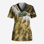 Yellow Traditional Cloak Aotearoa Scrub Top Maori Paua Shell Korowai Pattern - Aussie Hoodie