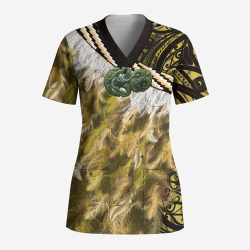 Yellow Traditional Cloak Aotearoa Scrub Top Maori Paua Shell Korowai Pattern - Aussie Hoodie
