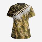 Yellow Traditional Cloak Aotearoa Scrub Top Maori Paua Shell Korowai Pattern - Aussie Hoodie