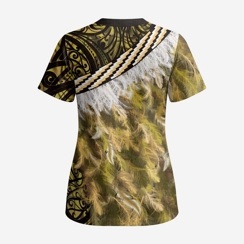 Yellow Traditional Cloak Aotearoa Scrub Top Maori Paua Shell Korowai Pattern - Aussie Hoodie