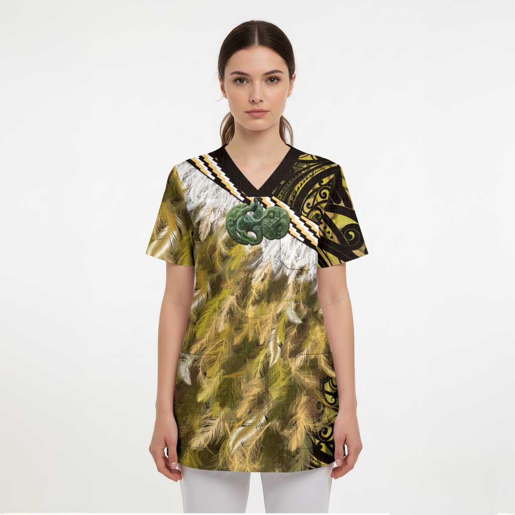 Yellow Traditional Cloak Aotearoa Scrub Top Maori Paua Shell Korowai Pattern - Aussie Hoodie