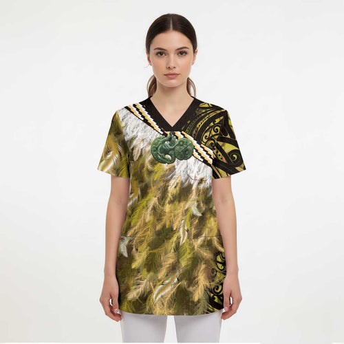 Yellow Traditional Cloak Aotearoa Scrub Top Maori Paua Shell Korowai Pattern - Aussie Hoodie