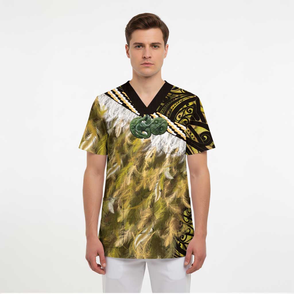 Yellow Traditional Cloak Aotearoa Scrub Top Maori Paua Shell Korowai Pattern - Aussie Hoodie