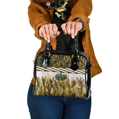 Yellow Traditional Cloak Aotearoa Shoulder Handbag Maori Paua Shell Korowai Pattern