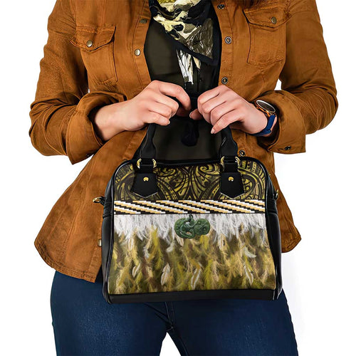 Yellow Traditional Cloak Aotearoa Shoulder Handbag Maori Paua Shell Korowai Pattern