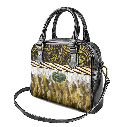 Yellow Traditional Cloak Aotearoa Shoulder Handbag Maori Paua Shell Korowai Pattern