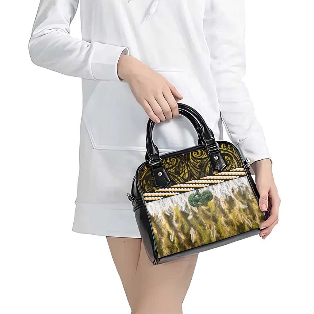 Yellow Traditional Cloak Aotearoa Shoulder Handbag Maori Paua Shell Korowai Pattern