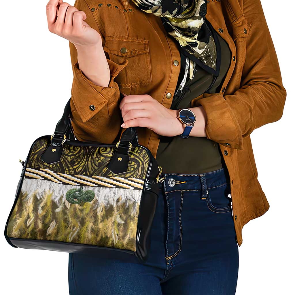 Yellow Traditional Cloak Aotearoa Shoulder Handbag Maori Paua Shell Korowai Pattern