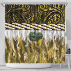 Yellow Traditional Cloak Aotearoa Shower Curtain Maori Paua Shell Korowai Pattern