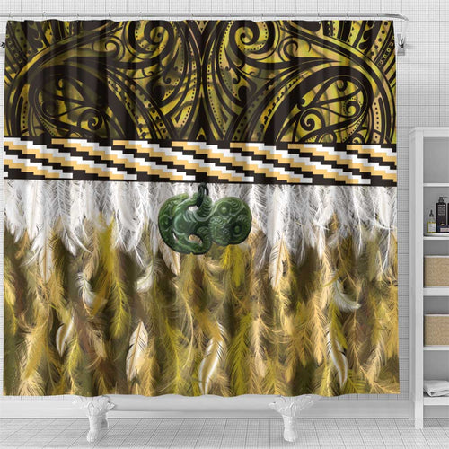 Yellow Traditional Cloak Aotearoa Shower Curtain Maori Paua Shell Korowai Pattern