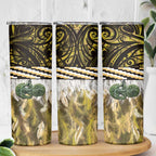 Yellow Traditional Cloak Aotearoa Skinny Tumbler Maori Paua Shell Korowai Pattern