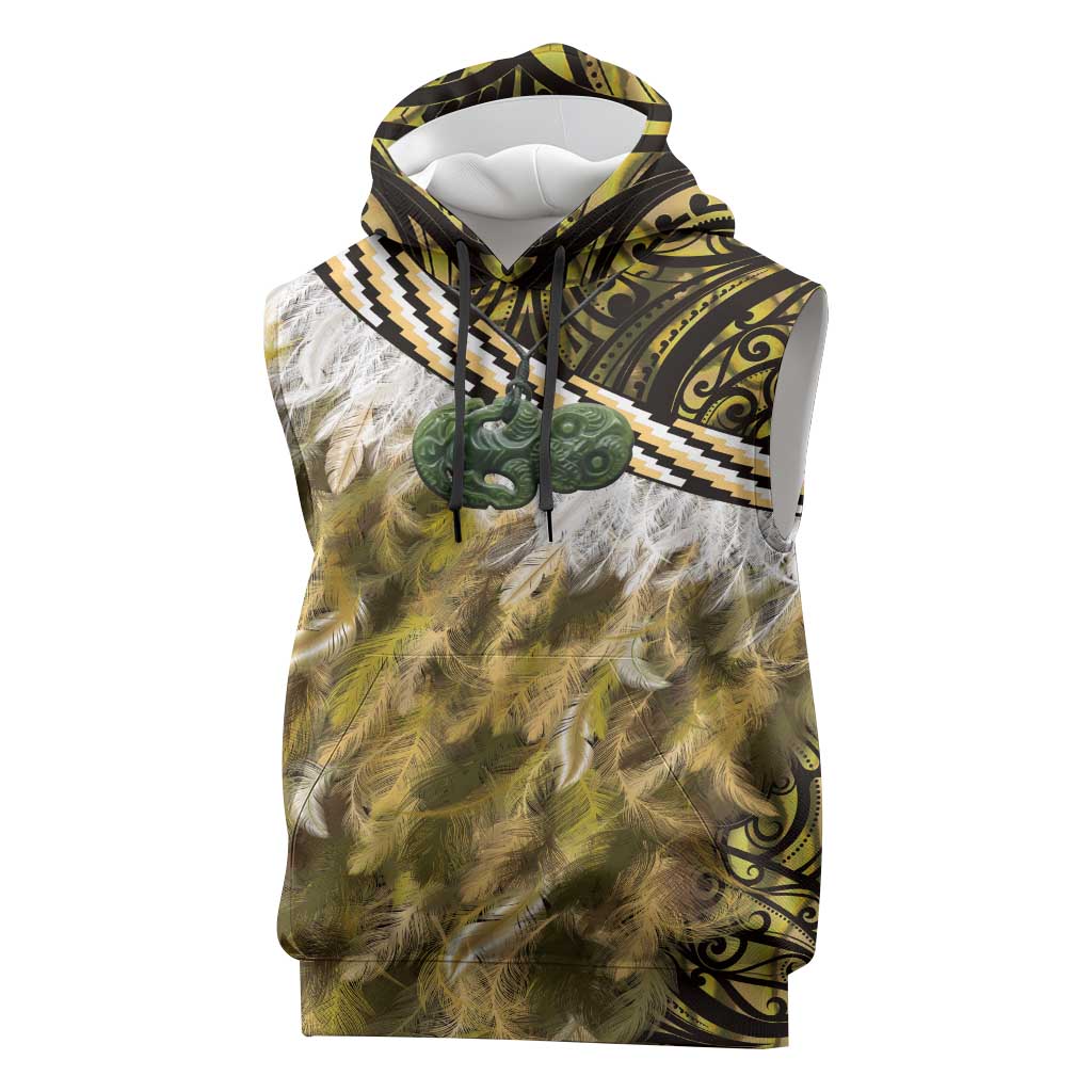 Yellow Traditional Cloak Aotearoa Sleeveless Hoodie Maori Paua Shell Korowai Pattern - Aussie Hoodie