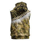 Yellow Traditional Cloak Aotearoa Sleeveless Hoodie Maori Paua Shell Korowai Pattern - Aussie Hoodie