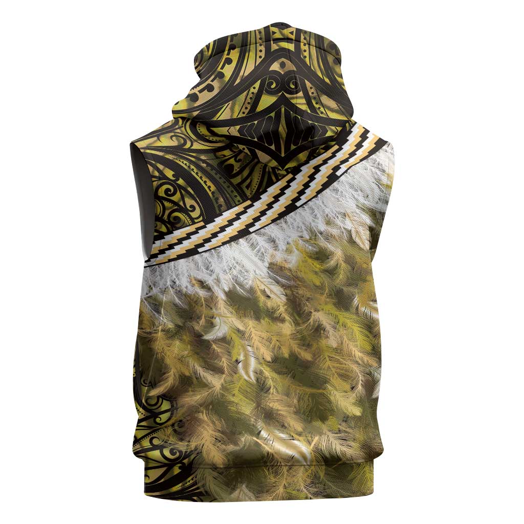 Yellow Traditional Cloak Aotearoa Sleeveless Hoodie Maori Paua Shell Korowai Pattern - Aussie Hoodie