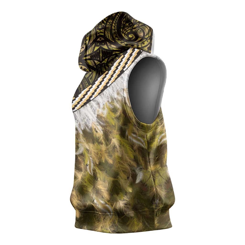 Yellow Traditional Cloak Aotearoa Sleeveless Hoodie Maori Paua Shell Korowai Pattern - Aussie Hoodie