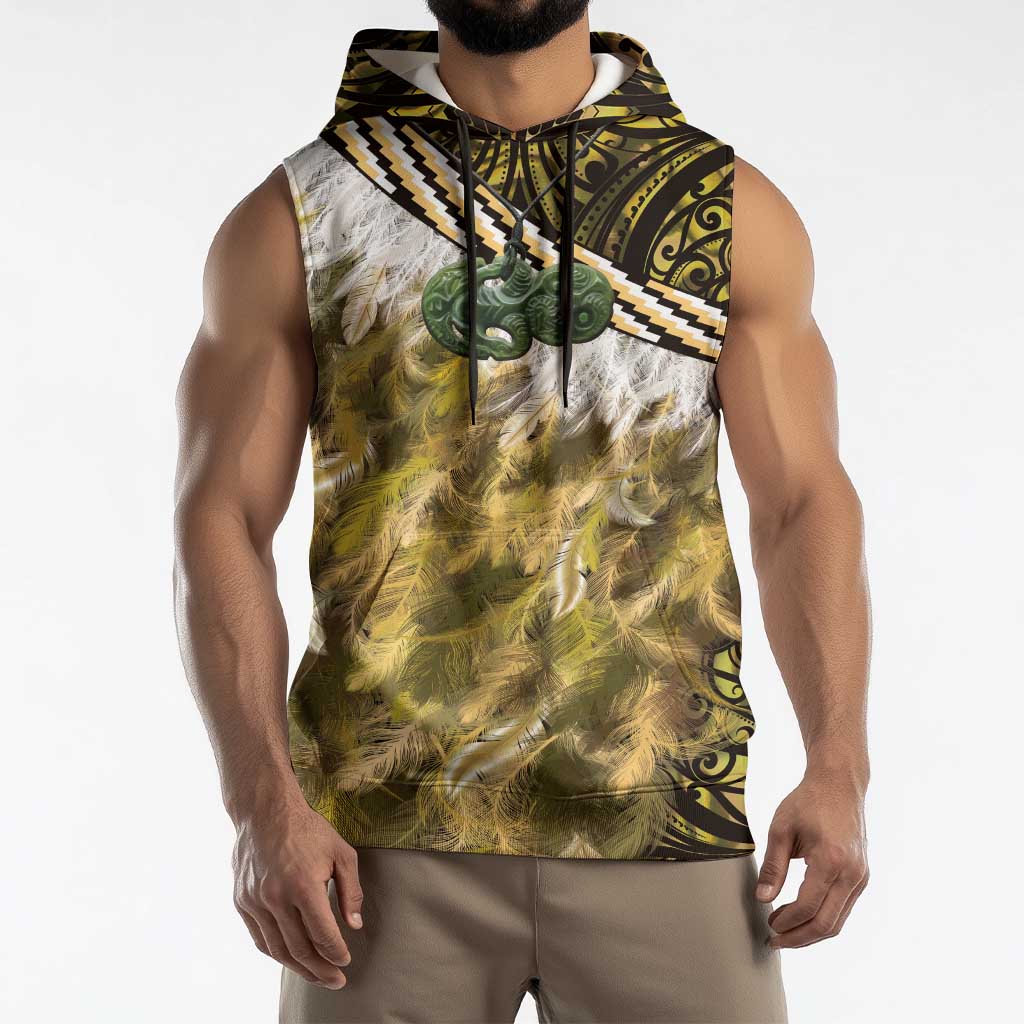 Yellow Traditional Cloak Aotearoa Sleeveless Hoodie Maori Paua Shell Korowai Pattern - Aussie Hoodie
