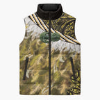 Yellow Traditional Cloak Aotearoa Sleeveless Puffer Jacket Maori Paua Shell Korowai Pattern - Aussie Hoodie