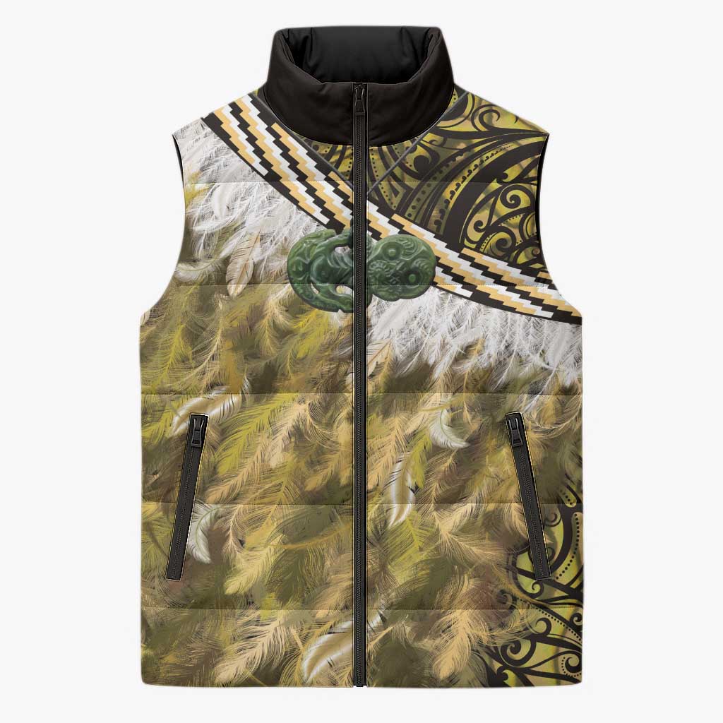 Yellow Traditional Cloak Aotearoa Sleeveless Puffer Jacket Maori Paua Shell Korowai Pattern - Aussie Hoodie