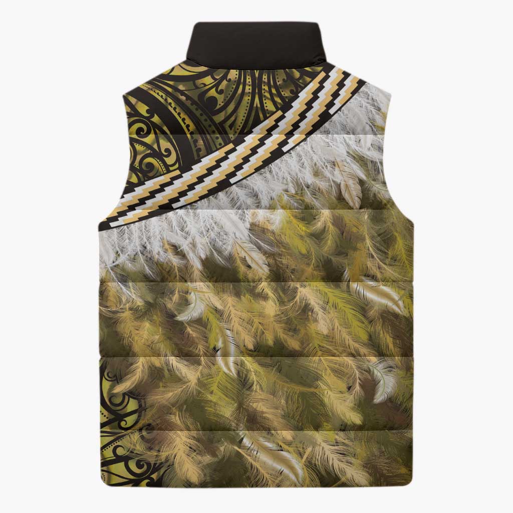 Yellow Traditional Cloak Aotearoa Sleeveless Puffer Jacket Maori Paua Shell Korowai Pattern - Aussie Hoodie