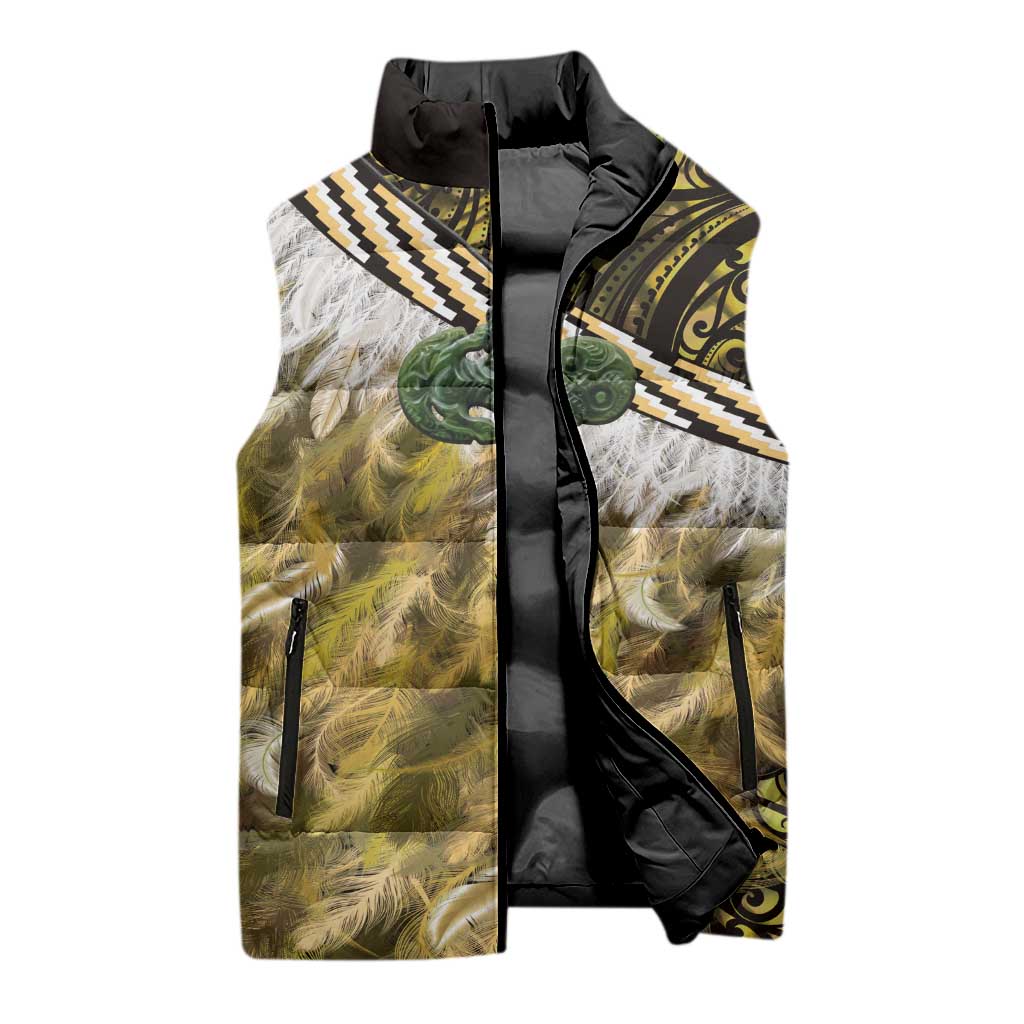 Yellow Traditional Cloak Aotearoa Sleeveless Puffer Jacket Maori Paua Shell Korowai Pattern - Aussie Hoodie
