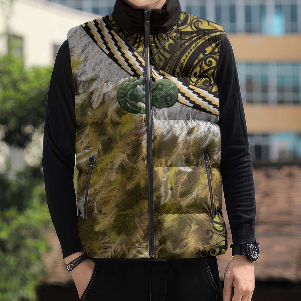 Yellow Traditional Cloak Aotearoa Sleeveless Puffer Jacket Maori Paua Shell Korowai Pattern - Aussie Hoodie