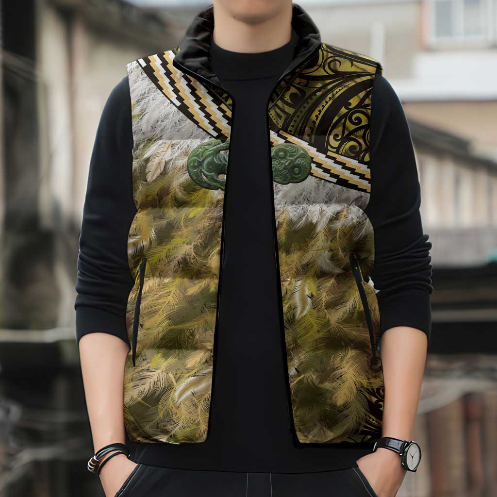 Yellow Traditional Cloak Aotearoa Sleeveless Puffer Jacket Maori Paua Shell Korowai Pattern - Aussie Hoodie