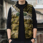 Yellow Traditional Cloak Aotearoa Sleeveless Puffer Jacket Maori Paua Shell Korowai Pattern - Aussie Hoodie